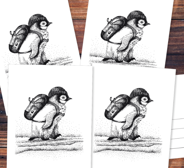 5 Postkarten mit dem Kleinen Pinguin: Im Set befinden sich fünf Karten des gleichen Motivs.
Größe/Maße: Fünf Postkarten im Format DIN A6 (148 x 105 mm)
Verwendete Materialien: 280 g/qm Chromokarton einseitig
Herstellungsart: Digitaldruck