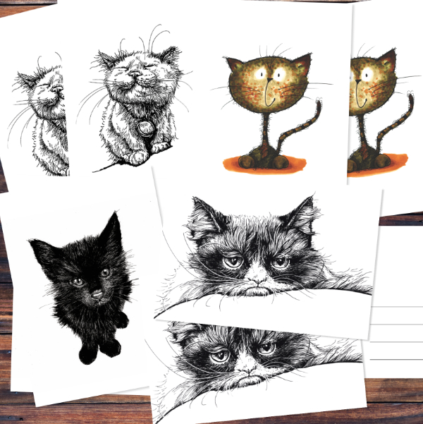 Postkartenset mit Katzen Motiven, 8 Karten: Im Set befinden sich jeweils zwei Karten der Motive:

- Schwarze Katze
- Zufriedene Katze
- Lustige Katze
- Grumpy Cat

Sechs Postkarten im Format DIN A6 (148 x 105 mm), 280 g/qm Chromokarton einseitig, Digitaldruck