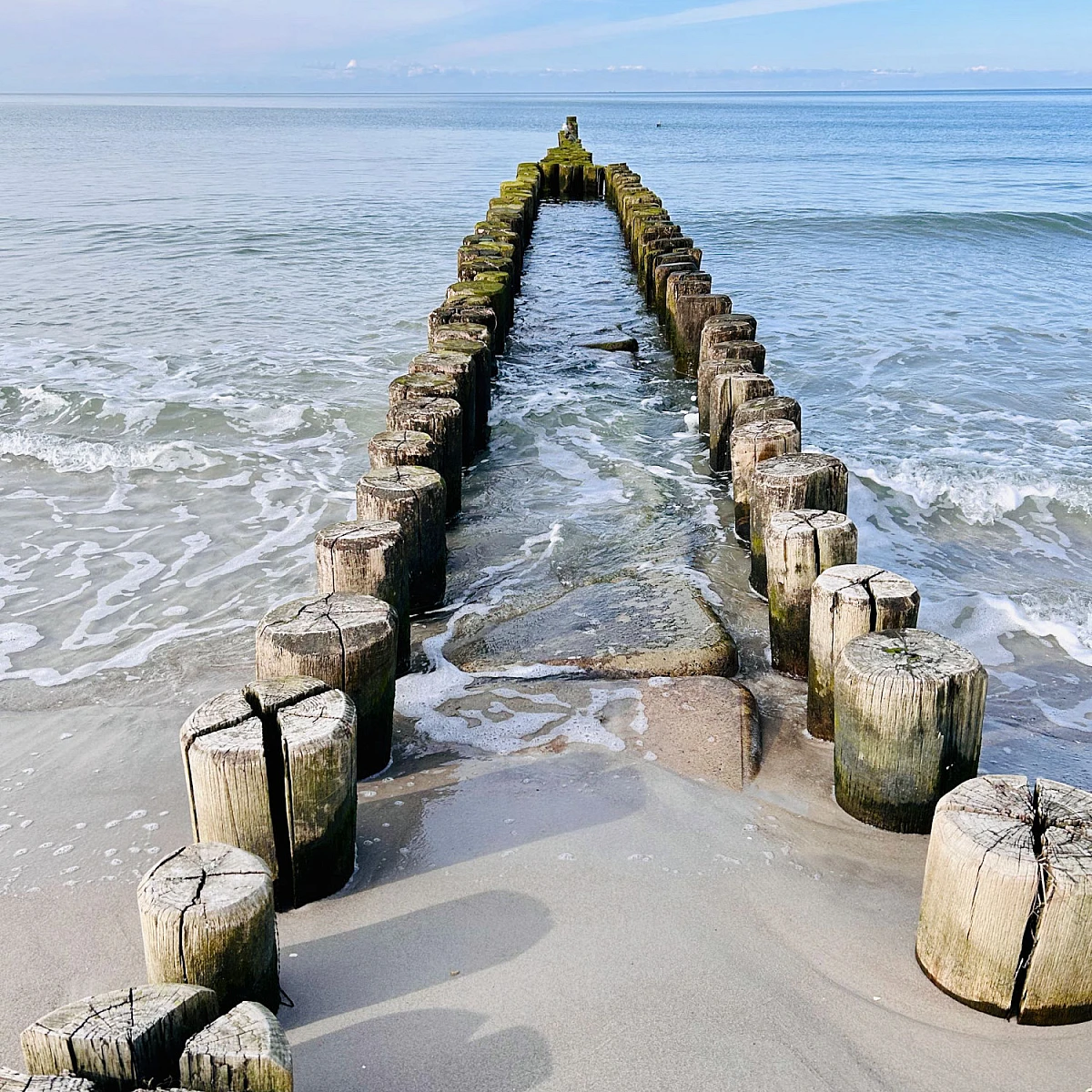 Frontaler Blick auf eine zweigeteilte Buhne, die in die Ostsee ragt.