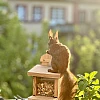 Das Bild zeigt ein braunes Eichhörnchen mit buschigem Schwanz, das auf einem hölzernen Vogelhaus sitzt. Das Futterhaus hat ein schräges Dach und einen Behälter für Nüsse oder Samen. Im Hintergrund sind unscharfe Gebäude und grüne Pflanzen zu sehen, die eine städtische Umgebung andeuten.
