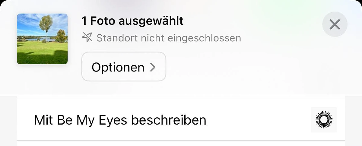 Auf dem Bildschirm ist eine Benutzeroberfläche zu sehen, bei der ein Foto ausgewählt wurde. Das ausgewählte Foto in der linken oberen Ecke zeigt eine wunderschöne Landschaft mit grünem Gras, einem Baum und einem See im Hintergrund. Darunter steht "Mit Be My Eyes beschreiben". Es gibt auch eine Option zum Teilen des Fotos, die mit "Optionen" gekennzeichnet ist. Der Hintergrund des Bildschirms ist weiß und in der rechten oberen Ecke befindet sich ein Schließen-Button (ein Kreuz).