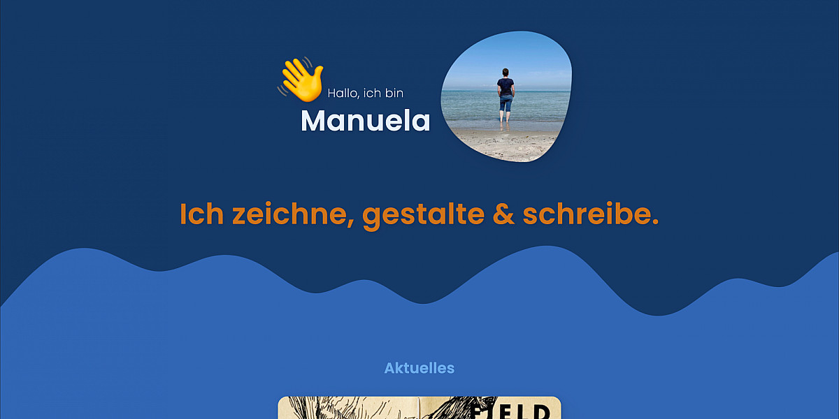 Screenshot. Auf einem blauem Hintergrund, der von einem Wellenmuster geteilt wird, ordnen sich die Elemente an.