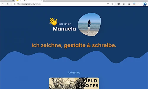 Screenshot. Auf einem blauem Hintergrund, der von einem Wellenmuster geteilt wird, ordnen sich die Elemente an.