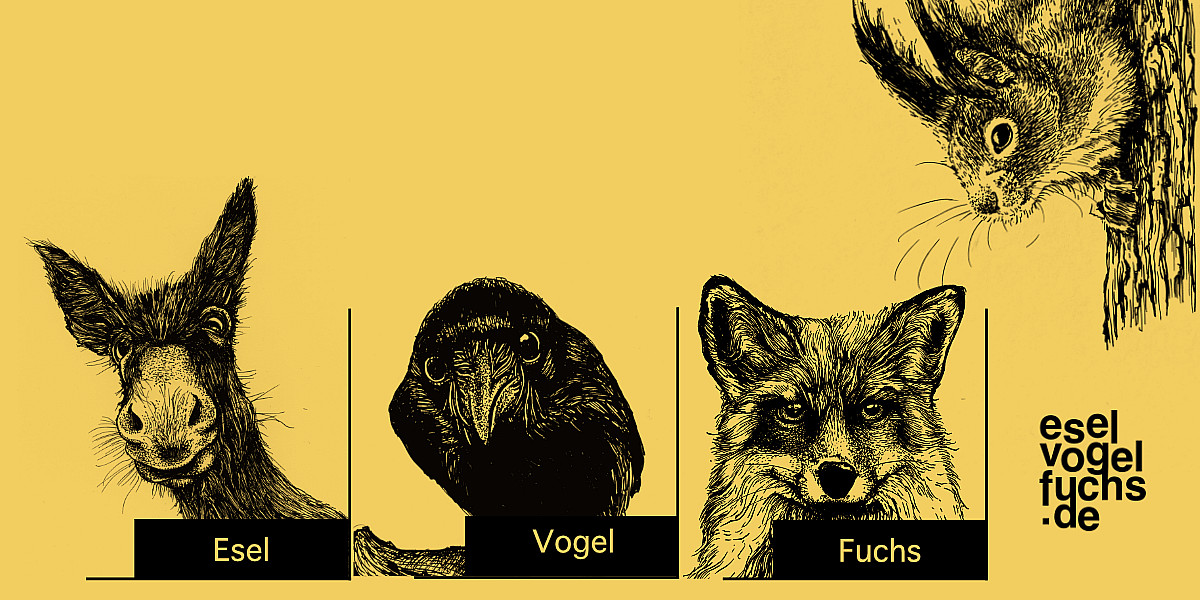 Auf gelbem Hintergrund sind die Zeichnungen von drei Köpfen zu sehen: ein Esel, eine Krähe, ein Fuchs. In schwarzem Rahmen steht jeweils daneben: Esel, Vogel, Fuchs. Daneben befindet sich das schwarze Logo. Von der rechten oberen Ecke schaut ein Eichhörnchen herab.