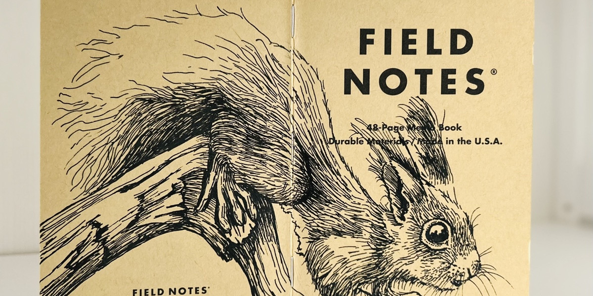 Ein aufgeklapptes Field Notes Heft. Über den Rücken erstreckt sich die schwarze Tintezeichnung eines Eichhörnchens, das von links nach rechts auf einem Ast sitzt.
