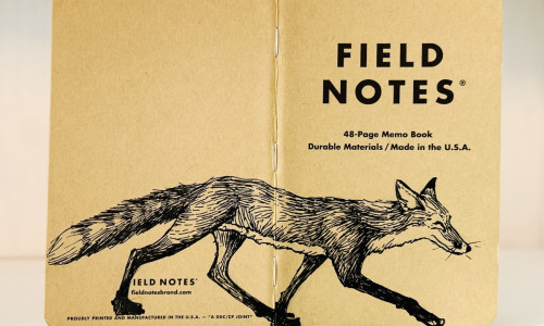 Auf dem aufgeklappten Rücken eines Field Notes Heftes ist eine schwarze Tintezeichnung eines Fuchses zu sehen. Der sehr schlanke Fuchs läuft von links nach rechts.