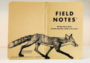 Auf dem aufgeklappten Rücken eines Field Notes Heftes ist eine schwarze Tintezeichnung eines Fuchses zu sehen. Der sehr schlanke Fuchs läuft von links nach rechts.