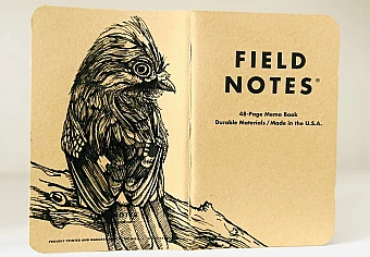 Foto eines stehenden und aufgeklappten Field Notes Heftes. Über den Rücken erstreckt sich die schwarze Tintezeichnung eines Eichelhähers, der etwas aufgeplustert nach rechts schaut.
