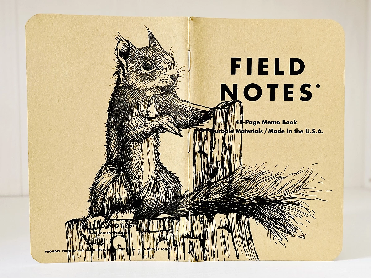 Ein aufgeklapptes Field Notes Heft auf dessen Rücken aus Kraft-Papier sich die Zeichnung eines Eichhörnchens  befindet. Es steht aufrecht auf einem Baumstumpf.