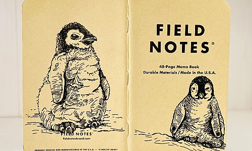 Foto eines aufgeklappten Field Notes Heftes mit Kraft-Papier-Deckel. Auf Rücken und Cover befindet sich jeweils eine schwarze Zeichnung eines sitzenden Baby Pinguins.