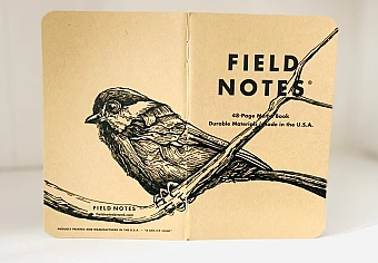 Foto eines stehenden und aufgeklappten Field Notes Heftes. Über den Rücken erstreckt sich die schwarze Tintezeichnung einer kleinen Meise, die auf einem Ast sitzt.