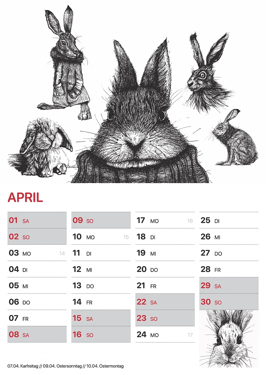 Im oberen Teil des Blattes: 5 schwarze Zeichnungen von Hasen. Im unteren Teil das Kalendarium für den Monat April. Ganz rechts unten in der Ecke ein weiterer Hase.