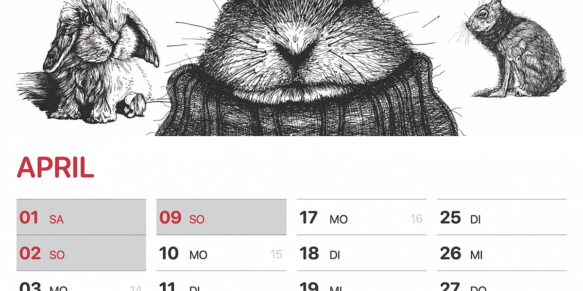 Im oberen Teil des Blattes: 5 schwarze Zeichnungen von Hasen. Im unteren Teil das Kalendarium für den Monat April. Ganz rechts unten in der Ecke ein weiterer Hase.