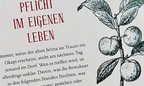 Foto des Buchrückens des Buches "Was man von hier aus sehen kann". Rechts eine gezeichnete Pflanze, links der Text: 
VON DER UNBEDINGTEN
ANWESENHEITS-PFLICHT
IM EIGENEN
LEBEN
immer, wenn der alten Selma im Traum ein Okapi erscheint, stirbt am nächsten Tag jemand im Dorf. Wen es treffen wird, ist allerdings unklar. Davon, was die Bewohner in den folgenden Stunden fürchten, was sie blindlings wagen, gestehen oder verschwinden lassen, handelt dieser Roman.
Vor allem aber erzählt er von Menschen, die alle auf ihre Weise mit der Liebe ringen: gegen Widerstände, Zeitverschiebungen und Unwägbarkeiten - ohne jemals den Mut zu verlieren.