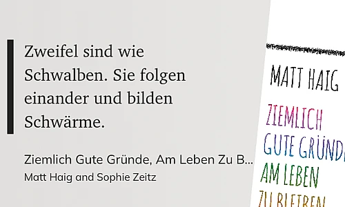 Das Zitat auf grauem Grund. 

Zweifel sind wie Schwalben. Sie folgen einander und bilden Schwärme. 

(Matt Haig and Sophie Zeitz, Ziemlich Gute Gründe, Am Leben Zu Bleiben)