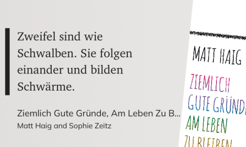 Das Zitat auf grauem Grund. 

Zweifel sind wie Schwalben. Sie folgen einander und bilden Schwärme. 

(Matt Haig and Sophie Zeitz, Ziemlich Gute Gründe, Am Leben Zu Bleiben)
