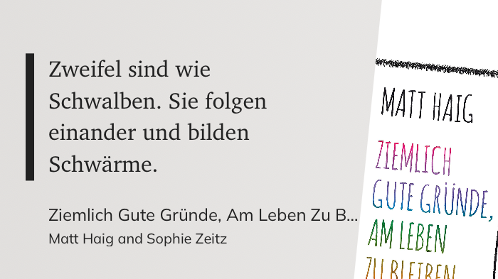 Das Zitat auf grauem Grund. 

Zweifel sind wie Schwalben. Sie folgen einander und bilden Schwärme. 

(Matt Haig and Sophie Zeitz, Ziemlich Gute Gründe, Am Leben Zu Bleiben)