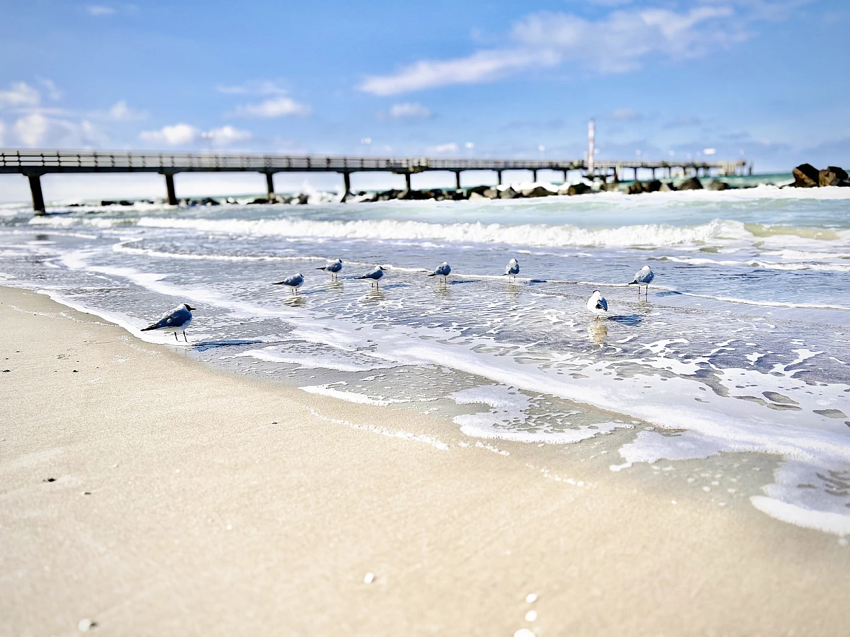 Weißer Schaum und schäumende Brandung am Sandstrand. Im Hinterrund sind brechende Wellen. Ein schmaler Streifen blauen Himmels mit weißen Wolken am oberen Bildrand.