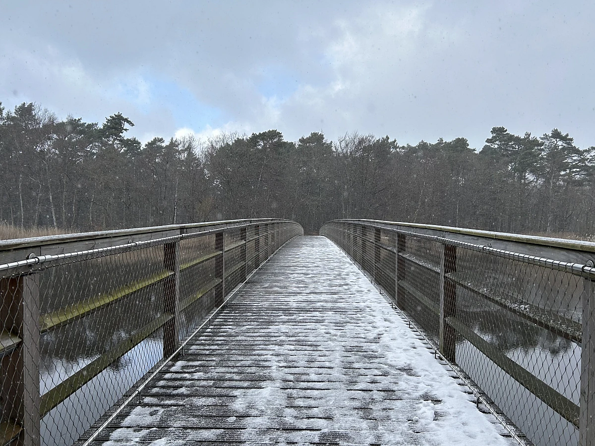 Eine schneebedeckte Metallbrücke führt über ein Gewässer in einen Wald. In der Luft sind kleine Schneeflocken.