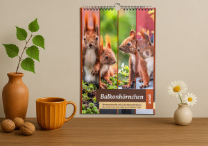 KI generierte Szene: Auf einer Holzunterlage stehen zwei Vasen mit Blumen. Des Weiteren dort vorhanden sind eine Tasse und drei Walnüsse. An einer getönten Wand hängt der Balkonhörnchen-Kalender.