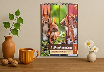 KI generierte Szene: Auf einer Holzunterlage stehen zwei Vasen mit Blumen. Des Weiteren dort vorhanden sind eine Tasse und drei Walnüsse. An einer getönten Wand hängt der Balkonhörnchen-Kalender.