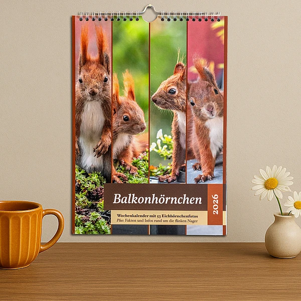 KI generierte Szene: Auf einer Holzunterlage stehen zwei Vasen mit Blumen. Des Weiteren dort vorhanden sind eine Tasse und drei Walnüsse. An einer getönten Wand hängt der Balkonhörnchen-Kalender.