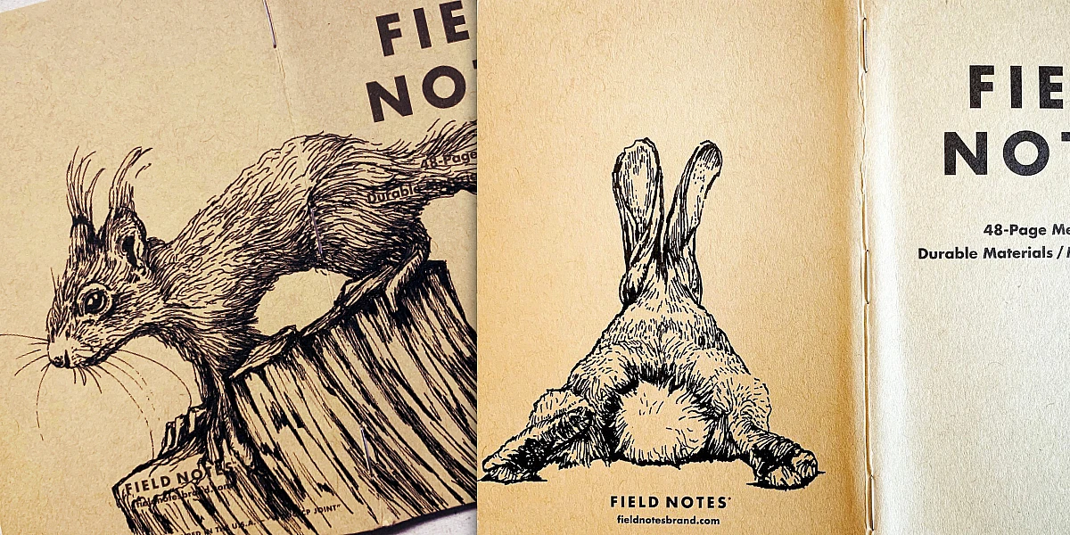 Fotos zweier Field Notes übereinander. Zu sehen sind ein Eichhörnchen und ein Hase.