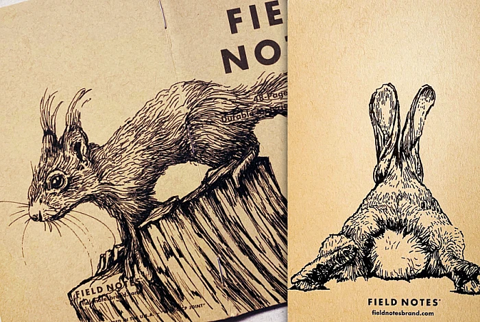 Fotos zweier Field Notes übereinander. Zu sehen sind ein Eichhörnchen und ein Hase.