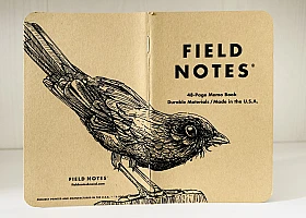 Foto eines stehenden und aufgeklappten Field Notes Heftes. Über den Rücken erstreckt sich die schwarze Tintezeichnung einer Amsel, die nach rechts schaut.