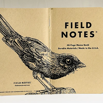 Foto eines stehenden und aufgeklappten Field Notes Heftes. Über den Rücken erstreckt sich die schwarze Tintezeichnung einer Amsel, die nach rechts schaut.