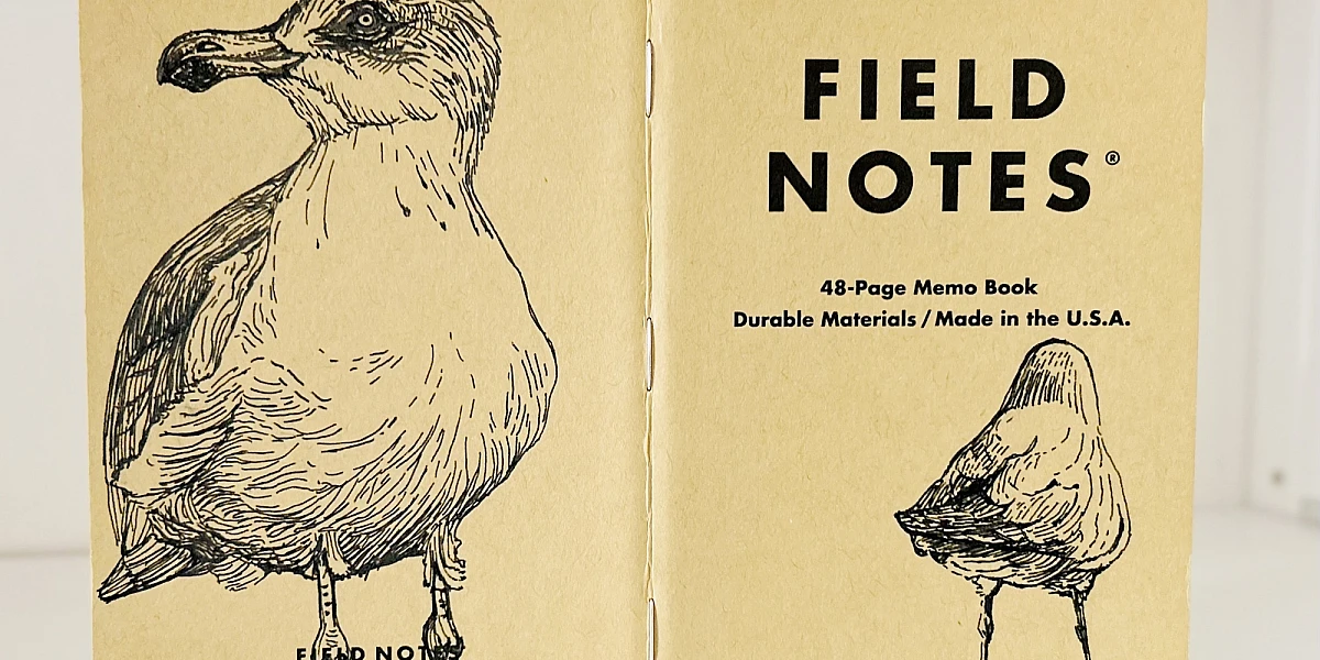 Ein aufgeklapptes Field Notes Heft auf dessen Rücken aus Kraft-Papier sich zwei schwarze Zeichnungen von Möwen befinden. Links das Bild einer Möwe, die nach links schaut. Rechts eine Möwe von hinten, die auf einem Pfahl steht.
