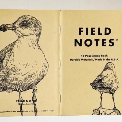 Ein aufgeklapptes Field Notes Heft auf dessen Rücken aus Kraft-Papier sich zwei schwarze Zeichnungen von Möwen befinden. Links das Bild einer Möwe, die nach links schaut. Rechts eine Möwe von hinten, die auf einem Pfahl steht.