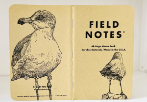 Ein aufgeklapptes Field Notes Heft auf dessen Rücken aus Kraft-Papier sich zwei schwarze Zeichnungen von Möwen befinden. Links das Bild einer Möwe, die nach links schaut. Rechts eine Möwe von hinten, die auf einem Pfahl steht.