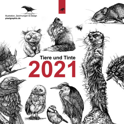 Deckblatt des Kalenders mit vielen kleinen Illustrationen. Alle Illustrationen sind schwarzweisse Tintezeichnungen und zeigen Tiere.