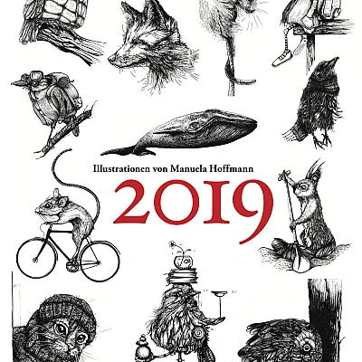Deckblatt des Kalenders mit vielen kleinen Illustrationen. Alle Illustrationen sind schwarzweisse Tintezeichnungen und zeigen Tiere.