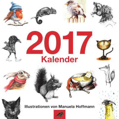Deckblatt des Kalenders mit vielen kleinen Illustrationen. Alle Illustrationen sind schwarzweisse Tintezeichnungen und zeigen Tiere.
