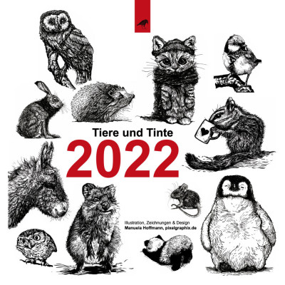 Deckblatt des Kalenders mit vielen kleinen Illustrationen. Alle Illustrationen sind schwarzweisse Tintezeichnungen und zeigen Tiere.