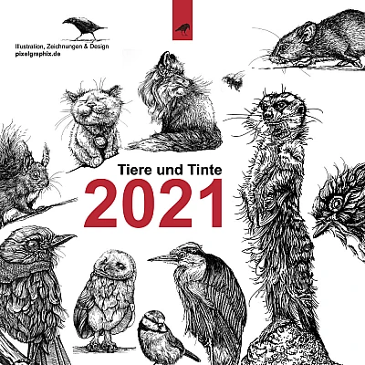Deckblatt des Kalenders mit vielen kleinen Illustrationen. Alle Illustrationen sind schwarzweisse Tintezeichnungen und zeigen Tiere.