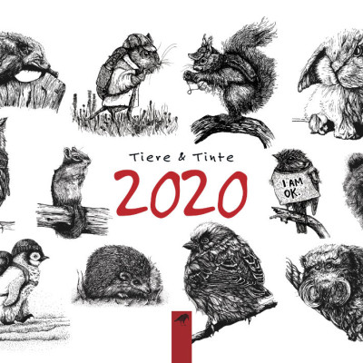 Deckblatt des Kalenders mit vielen kleinen Illustrationen. Alle Illustrationen sind schwarzweisse Tintezeichnungen und zeigen Tiere.