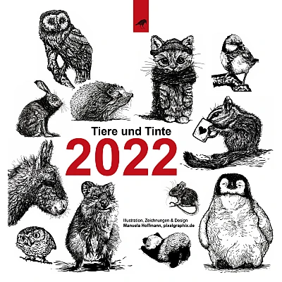 Deckblatt des Kalenders mit vielen kleinen Illustrationen. Alle Illustrationen sind schwarzweisse Tintezeichnungen und zeigen Tiere.