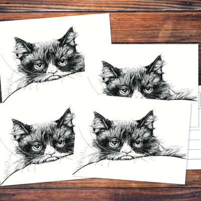 Fünf Postkarten mit der schwarzen Zeichnung eines Katzenkopfes