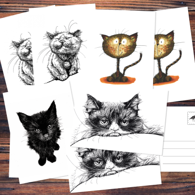 Acht Postkarten mit vier verschiedenen Illustrationen von Katzen