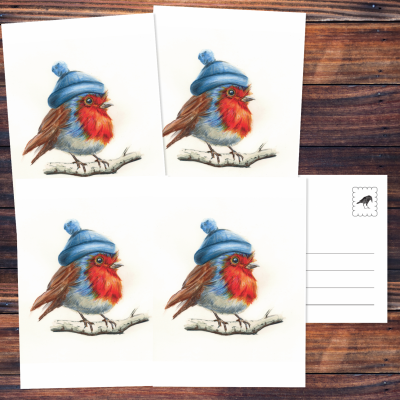 Fünf Postkarten mit der Zeichnung eines Rotkehlchens mit Mütze