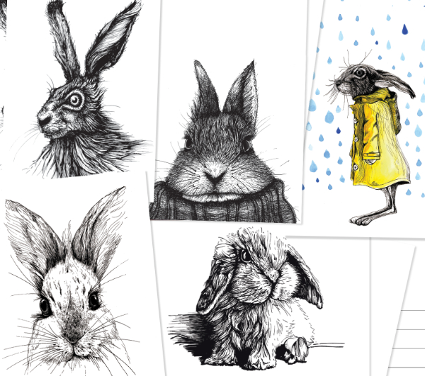 Eine Collage aus fünf verschiedenen Postkarten, die alle einen Hasen als Motiv haben. Eine ist farbig, die anderen Schwarzweiß.