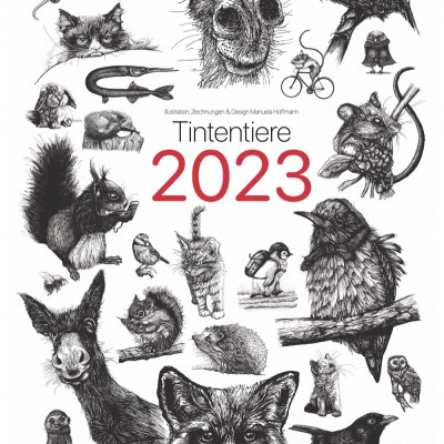 Das Titelbild es Kalenders "Tintentiere 2023", das viele kleine schwarzweisse Illustrationen von Tieren zeigt.