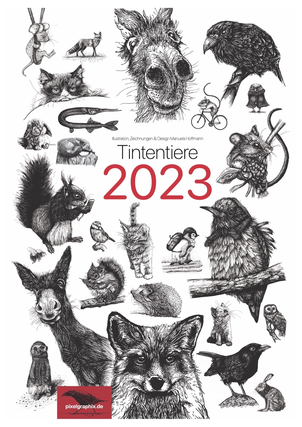 Das Titelbild es Kalenders "Tintentiere 2023", das viele kleine schwarzweisse Illustrationen von Tieren zeigt.