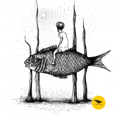 Schwarzweisse Tintezeichnung eines Fisches auf dem ein Mensch reitet