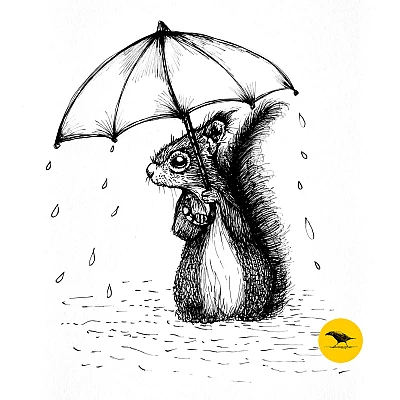 Schwarzweisse Tintezeichnung eines Eichhörnchens, das einen Regenschirm hält