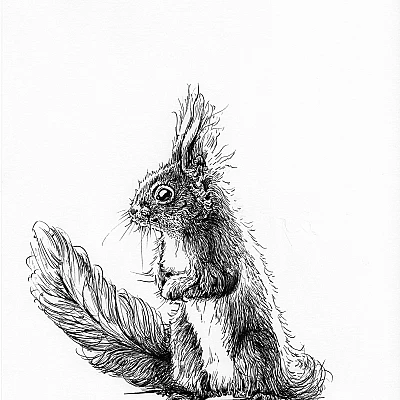 Schwarze Zeichnung eines Eichhörnchens.