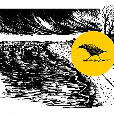 Schwarzweisse Tintezeichnung. Düstere Wolken über einem wilden Meer. Rechts ein Küstenstreifen